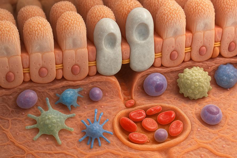 Representación del epitelio intestinal con uniones estrechas, células inmunes y vasos. Cuando estas uniones se debilitan, se produce translocación bacteriana, permitiendo el paso de toxinas y microbios al interior del organismo, lo que puede activar respuestas inflamatorias crónicas.