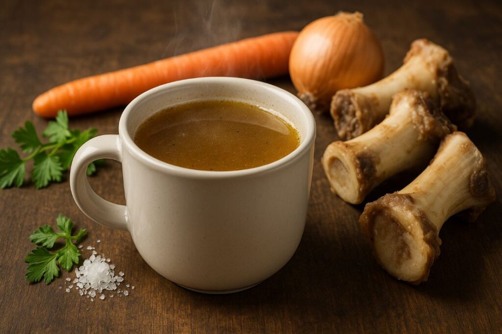 El caldo de huesos es una fuente natural de colágeno, glutamina y minerales esenciales para reparar la mucosa intestinal. Su consumo regular puede fortalecer la barrera epitelial y reducir la inflamación. Ideal en dietas para SFC/EM y permeabilidad intestinal.