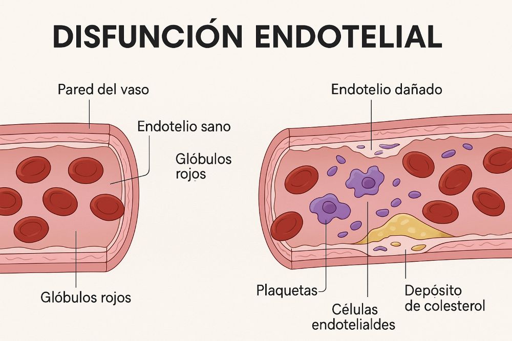 La imagen muestra la diferencia entre un vaso sanguíneo sano y uno con disfunción endotelial: pérdida de óxido nítrico, inflamación, activación plaquetaria y formación de microcoágulos que pueden contribuir a la fatiga y los síntomas vasculares en EM/SFC y Long COVID.
