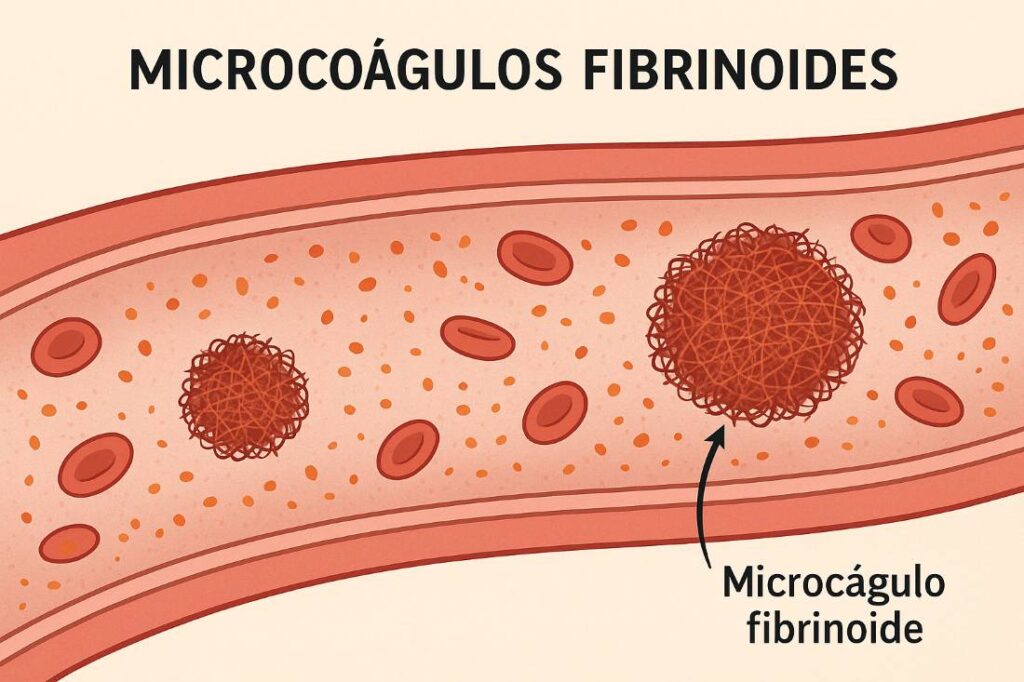 Microcoágulos fibrinoides: agregados densos de fibrina y proteínas plasmáticas que obstruyen capilares, dificultando el flujo sanguíneo y el aporte de oxígeno. Estas estructuras han sido observadas en pacientes con Long COVID y SFC, contribuyendo a síntomas como fatiga, niebla mental y disnea.

