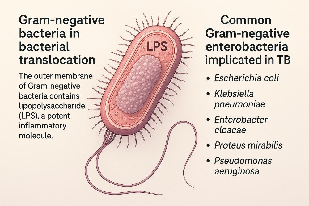 Las bacterias gramnegativas como E. coli o Klebsiella pueden atravesar una barrera intestinal dañada, liberando LPS (endotoxina) que activa el sistema inmune e induce inflamación sistémica a través del receptor TLR4.