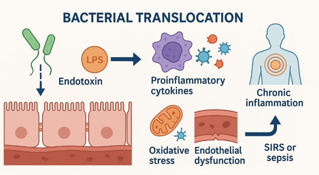 La translocación bacteriana puede desencadenar inflamación sistémica al activar células inmunes, inducir estrés oxidativo y dañar el endotelio vascular, contribuyendo a disfunciones crónicas multisistémicas.