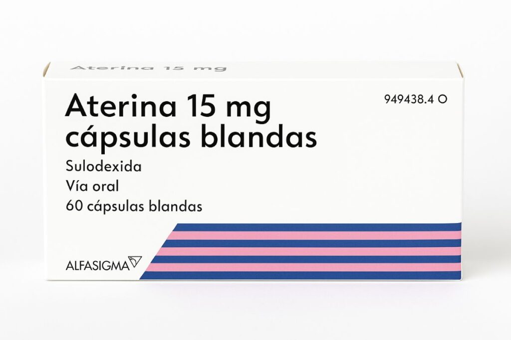 Aterina® 15 mg cápsulas blandas.
Presentación oral de sulodexida disponible en España. Cada cápsula contiene 15 mg (150 LSU) y el envase incluye 60 cápsulas para uso en el tratamiento de enfermedades vasculares crónicas.