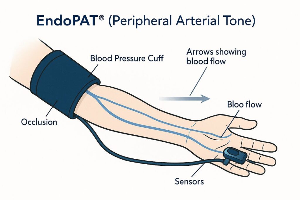 El sistema EndoPAT® mide de forma no invasiva la salud del endotelio. Se coloca un manguito de presión en el brazo para inducir una breve oclusión arterial y sensores en los dedos para registrar los cambios en el flujo sanguíneo. Tras liberar la presión, la vasodilatación reactiva dependiente del endotelio se refleja en el Endothelium Quality Index (EQI), un marcador objetivo de disfunción endotelial.